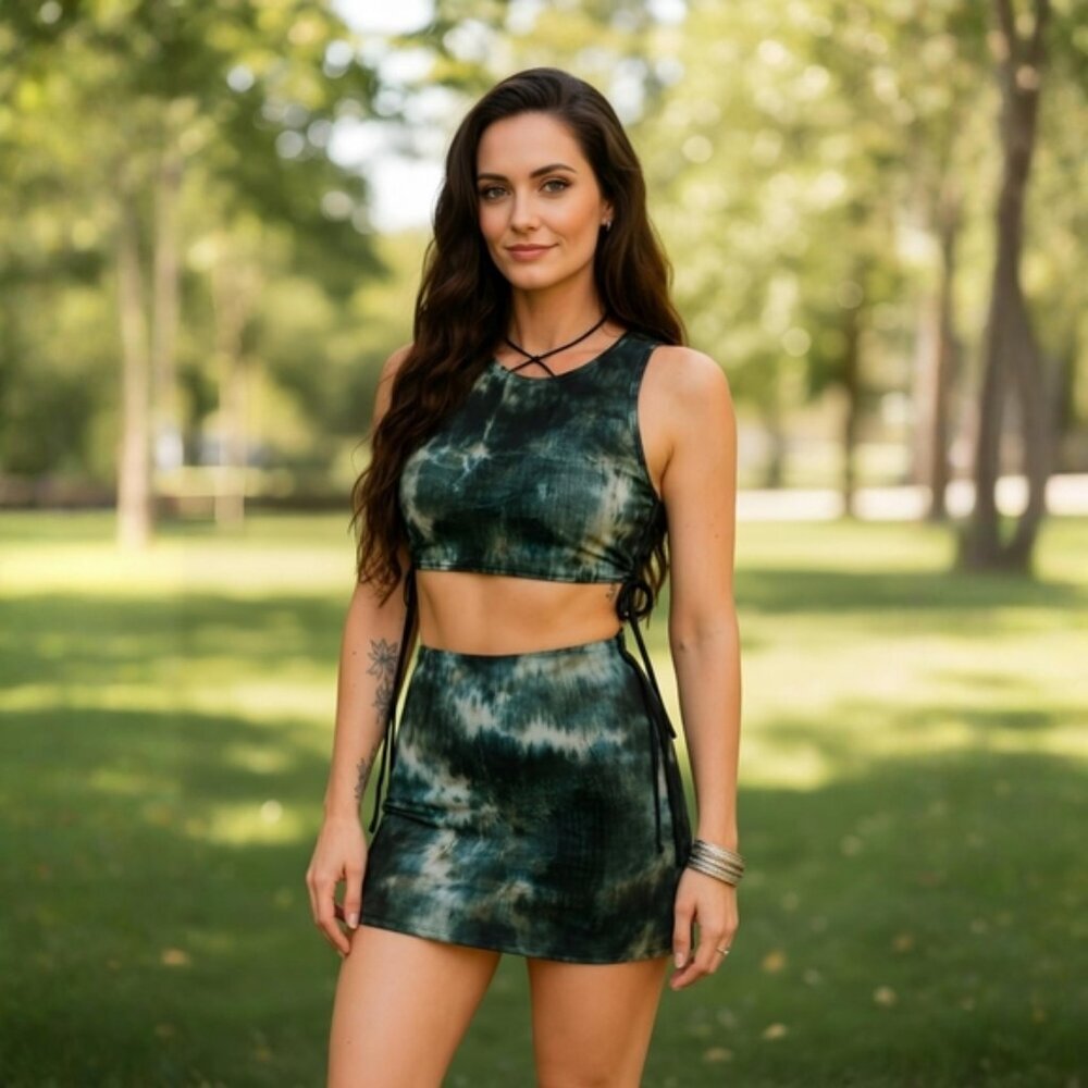 Laftre ✦ Tie Dye Crop Top & Skirt Set ✦ Green Black Side Ties Open Back Size L